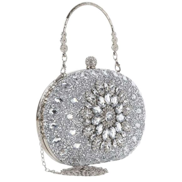 Gorgeous Rhinestone Bling Silver Evening Handbag Purse - Picture 3 of 7